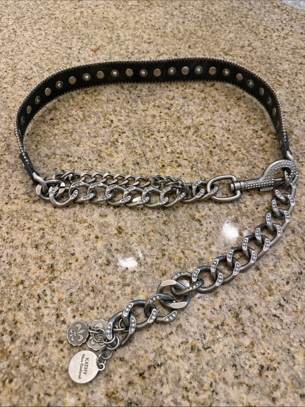 Kathy Van Zeeland,beautiful belt embroidered in silver bling, metallic brown.